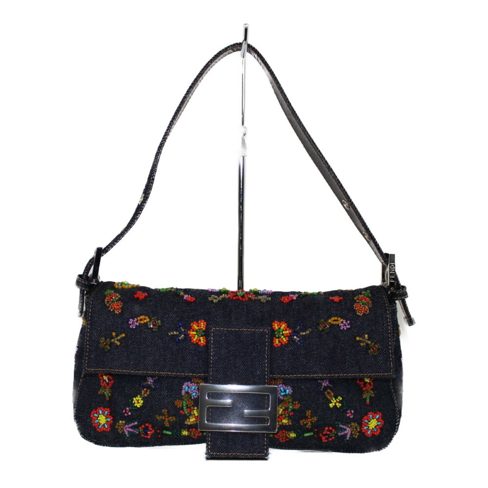 FENDI Beaded Denim Mamma Bucket Navy Blue Multicolor Shoulder Bag